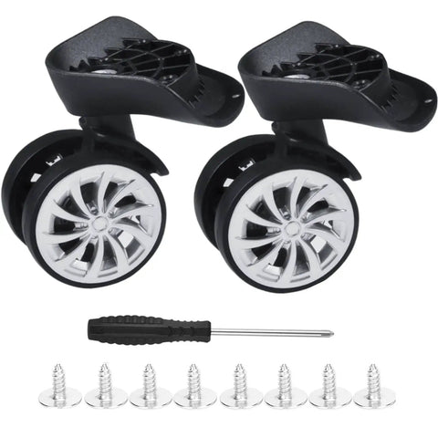 Silent And Smooth Rolling Luggage Wheel Replacement Kit Featuring Rock Solid Steel Axles With Super Flexible 360 Degree Swiveling Casters For Travel Gear Sets, includes black casters, screws, and screwdriver.