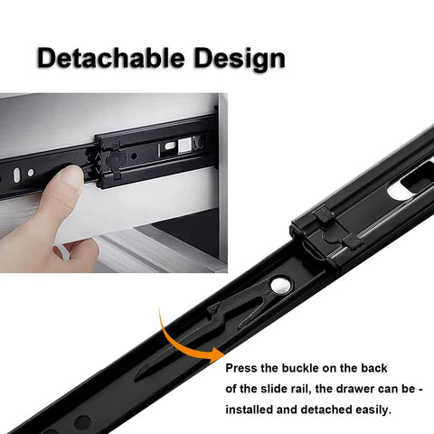 Heavy Duty Ball Bearing Drawer Slides Smooth As Butter Silent Push Pull Cabinet Runners Side Mount Telescopic Rail 16 Inch Steel hardware showcasing detachable design and installation detail.