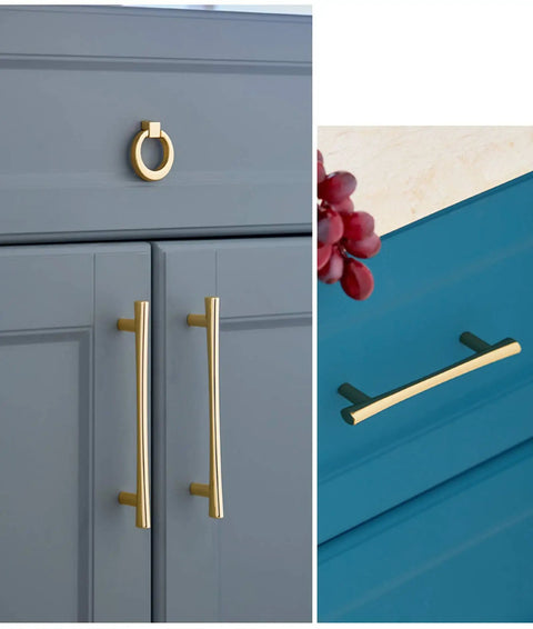 Top Shelf Heavy Gauge Zinc Alloy Cabinet Pulls Bow Handles Set Of Two Swanky Premium Electroplated Gold on grey cabinetry.