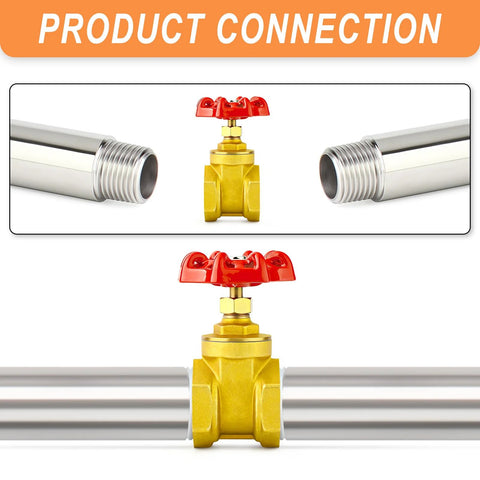 Front view: brass 2-inch gate valve with red wheel handle and female-to-female threaded ends

Installed view: brass 2-inch gate valve with red wheel handle between stainless steel pipes