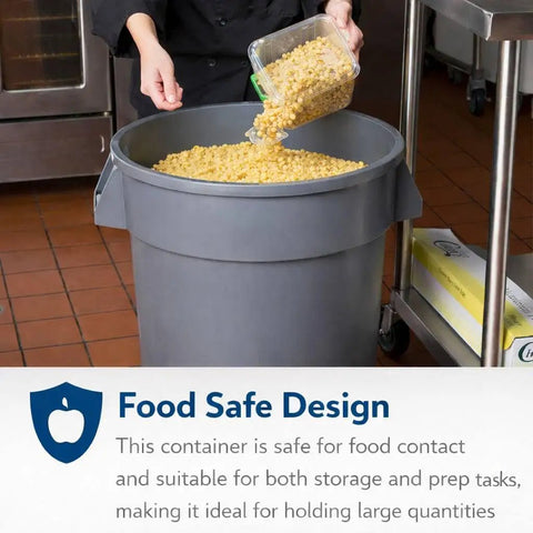 Person pouring food into a 55 Gallon Black Round Commercial Trash Can With Lid And Dolly Built Tough Heavy Duty Food Grade NSF Certified