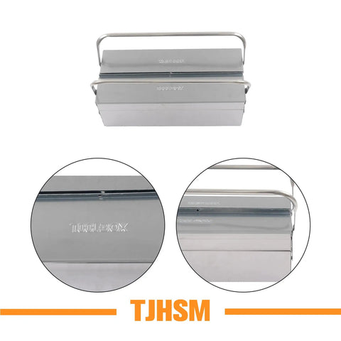 Tough As Nails Two Tier Stainless Steel Toolbox With Three Folding Trays And Rugged Carry Handle 18 Inch, top view with handle.