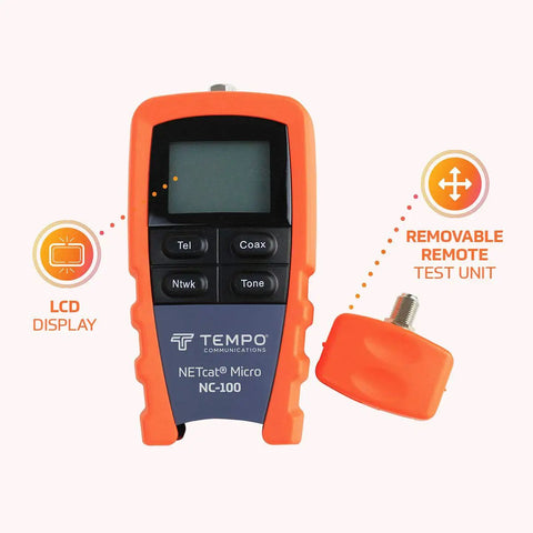 High Precision Cable Test Tool for Voice Data Video and Ethernet Coax with Netcat Micro Wiring Tester shown with LCD and remote unit