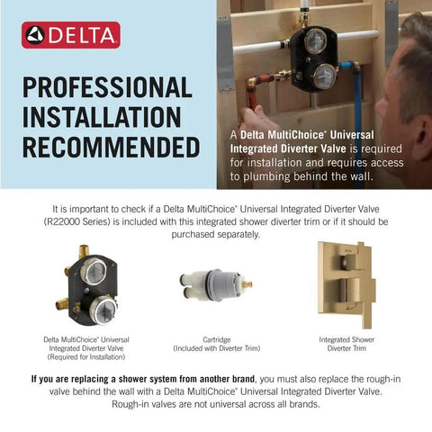 Delta MultiChoice Universal Integrated Diverter Valve for Angular Modern Shower Trim Kit Knockout Matte Black installation.