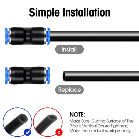 Huge 100 Pc Pneumatic Fittings Kit Push To Connect Air Hose Quick Couplers For 4-12mm Tubing Super Easy Setup No Tools Needed Black And Blue Seals Perfect For Compressors And Industrial Builds. Black pneumatic push-to-connect fitting on 4-12mm tube, simple install and replace guide.