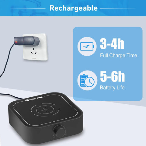 Rechargeable Magnetic Stirrer With 3000rpm Stir Plate And Stir Bar charging setup showing plug and device, highlighting 3-4h charge time.