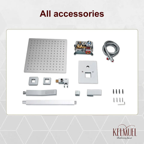 All components of Chrome Ceiling Mount 16 Inch Rainfall Shower Head With Handheld Spray, High Pressure Mixer Shower System.