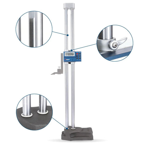 Precision 24 Inch Digital Height Gauge With Smooth Rolling Feed Wheel And Hefty Cast Iron Base showing measurement display and setup details.