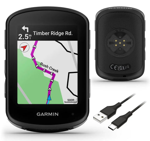 Garmin Edge 540 GPS Cycling Computer With Button Controls, shown with screen navigation, rear view, and included USB-C cable.