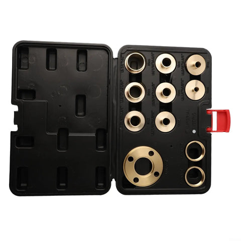 Solid Brass Router Template Guide Kit With 8 Quick Release Bushings And Lock Nuts For Precision Woodworking Projects, featuring all components in a black storage case.