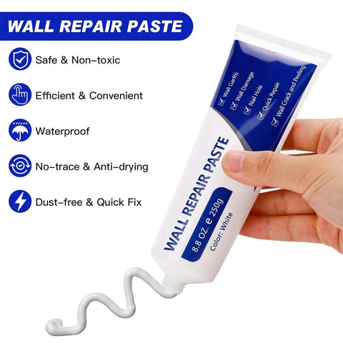 No Sweat Drywall Repair Kit Including Heavy Wall Patch Paste, 8.8 oz tube, hand holding for easy wall repair.