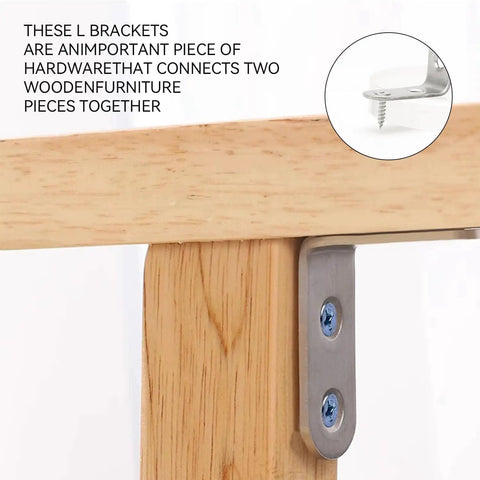Hella Tough Stainless Steel Corner Brackets With Screws Heavy Duty L Shaped Metal Joint Plates for cabinets, securing two wooden pieces.