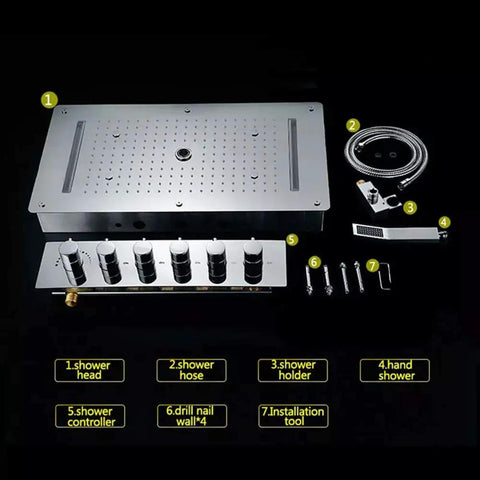 Top Shelf Thermostatic LED Shower System With Ceiling Mounted Rain Showerhead And Solid Brass Handheld Sprayer Plus Anti Scald Multi Function Bathroom Faucet Set That Runs Smooth Without Skipping A Beat components layout including shower head, hose, and controller.
