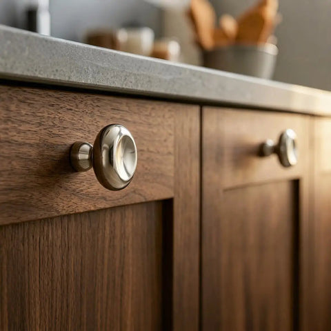 Titanium Silver Round Dome Cabinet Knobs 1.07 Inch Polished Chrome Zinc Alloy Drawer Pulls on wood cabinets