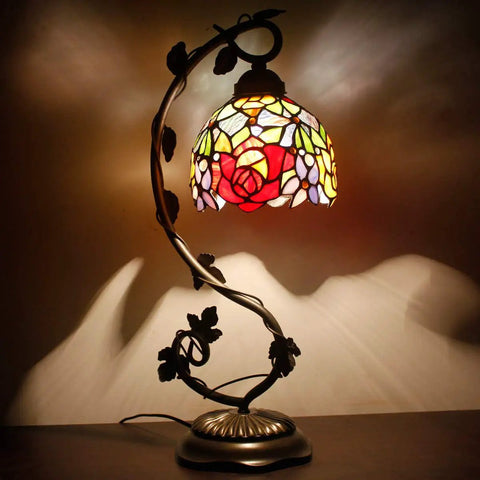 Tiffany Style Red Rose Stained Glass Table Lamp With Bronze Metal Leaf Base 21 Inch Reading Desk Lamp For Bedroom Or Home Office Cozy Vibe 8 Inch Shade UL Listed Cord Switch Easy Assembly Perfect Small Space Decor