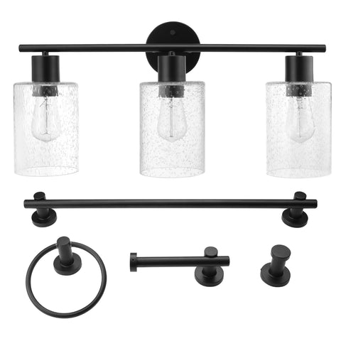 Bristol 5 Piece All In One Matte Black Bathroom Set With Dimmable 3 Light Vanity Light Featuring Seeded Glass Shades And Included Towel Bar Towel Ring Robe Hook And Toilet Paper Holder For A Dope Bathroom Upgrade