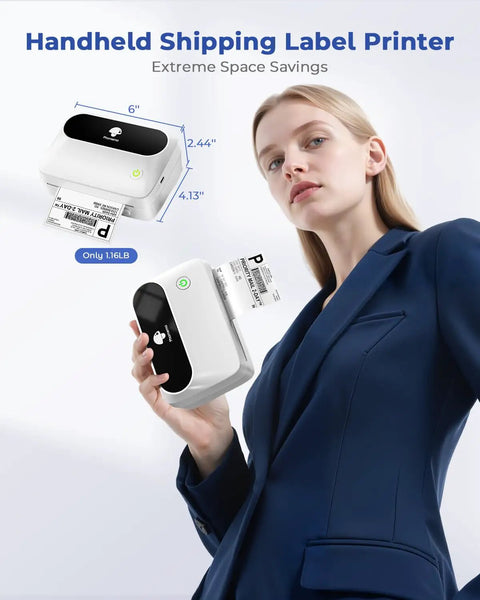 Inkless 4X6 Thermal Label Printer For Shipping Hella Crisp 203 Dpi Prints With Zero Mess Efficiently Loads Roll And Fanfold Paper Simple Setup That Kicks Things Into High Gear, handheld device in use, printing label.