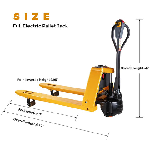 Heavy Duty Electric Pallet Jack 3300 Lbs Capacity Motorized Pallet Truck With 48V 10Ah Battery 7 45 Inch Lift displayed front view with size dimensions.