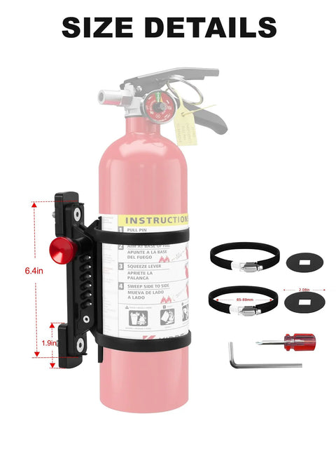 Quick Pull Molle Panel Fire Extinguisher Mount with No Fuss Quick Draw Pin, size details with fire extinguisher and mounting tools.