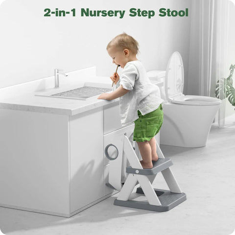 No Drama Toddler Potty Training Seat With Built In Step Stool Two In One Tot Ready Bathroom Combo For Kids. Toddler using step stool.