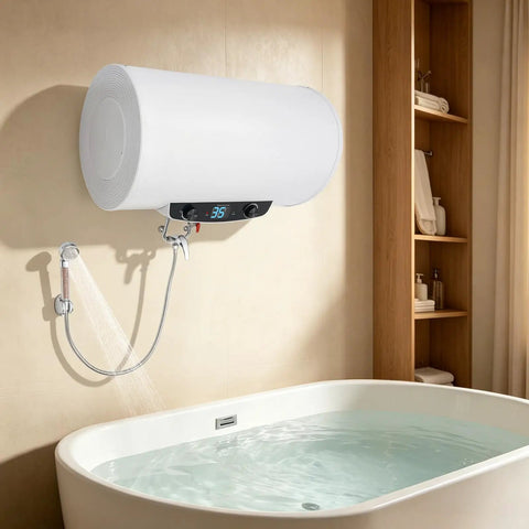 Heavy Duty Horizontal Electric Water Heater Featuring A Nifty Digital Display And Generous 70 Liter Reserve Plus 110V Plug Right In Hook Up to shower in modern bathroom.