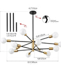 Modern 12 Light Sputnik Chandelier in Black and Gold for Dining Room Over Table with adjustable height and dimensions.