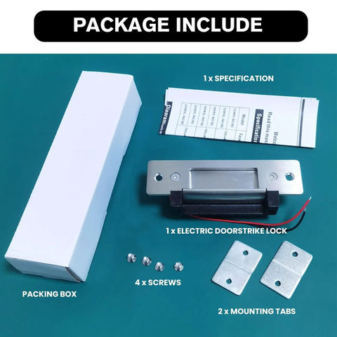 Top Shelf Heavy Duty Electric Door Strike Lock For Hassle Free Access Control Setup Rock Solid Fail Secure And Fail Safe Adjustable Mount With Simple 12V Dc Power Hookup, showing parts including screws and mounting tabs.