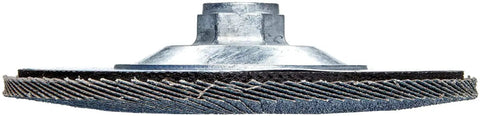 Side view of 6 inch Abrasive Flap Disc Conical TY29 6 Inch ZA Zirconia Alumina Grit 60 Heavy Duty Phenolic Backing 5/8-11 UNC Nut USA Made