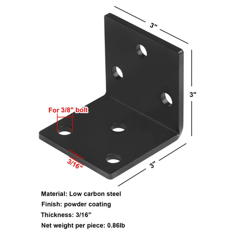 Three Inch L Shape Corner Braces Four Pack Heavy Duty Steel Angle Irons in black for deck framing and shed roofs