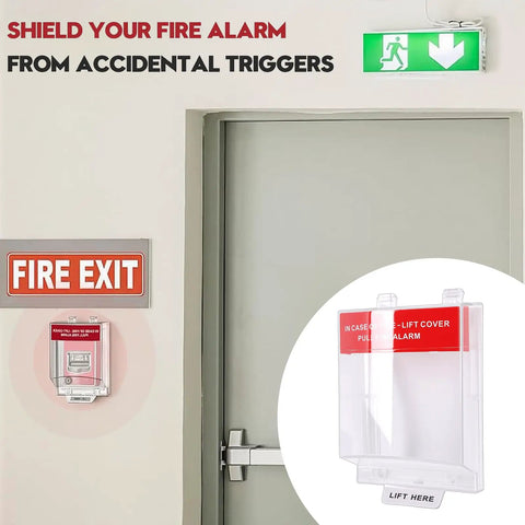Straight Up Tough Fire Alarm Pull Station Cover next to a fire exit door for protection against accidental triggers.