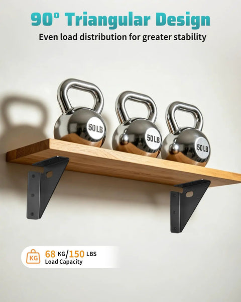 Heavy Duty Metal Triangle Corner Brackets For Wood on shelf with kettlebells, Durable 90 Degree Supports For Shelving And Furniture Frames
