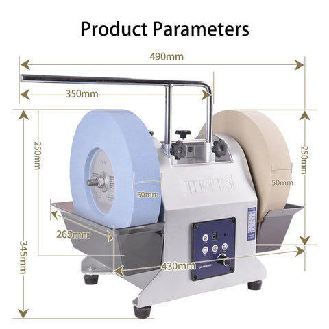 Slick 10 Inch Water Cooled Wet Grinding Machine With Dual Variable Speed Stones for precision tool sharpening showing dimensions.