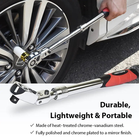 Extendable 1/2 Inch Drive Locking Ratchet Wrench With Flexible 180 Degree Head Reversible Soft Grip 72 Tooth Gear in use on car wheel