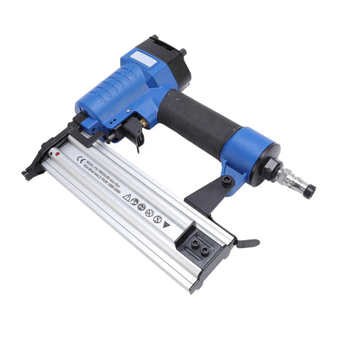 Heavy Duty Pneumatic Brad Nailer With Rock Solid Aluminum Body For Fast Trim Installation And 18 Gauge Woodfastening Projects side view showing grip and magazine