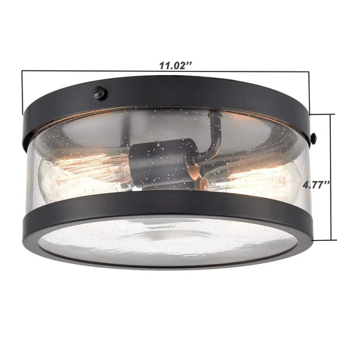 Black Drum Flush Mount Ceiling Light Fixture With Seeded Glass Creates Rustic Farmhouse Vibe For Porch Hallway And Bedroom shown