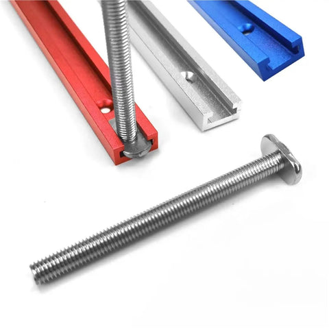 Heavy Duty Aluminum T Track Miter Jig Slot For Table Saw And Router Bench Rig No Sweat Install Smooth Glide Tight Clamp Grip Game Changing Woodworking Chute Tool 300 Millimeter with red, blue, and silver aluminum profiles.