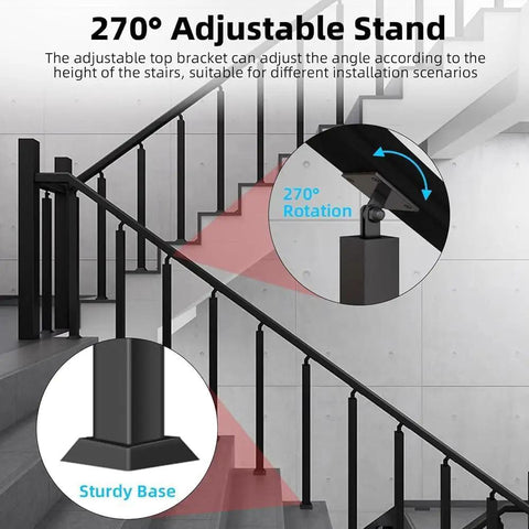 Black Wrought Iron Stair Baluster With 270 Degree Adjustable Bracket, showcasing 270° adjustable top bracket on stairs.