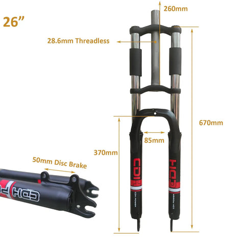 MTB Front Suspension Fork 26 Inch Aluminum Threadless 28.6mm Straight Tube Double Shoulder Disc Brake Compatible With 90 To 100mm Travel