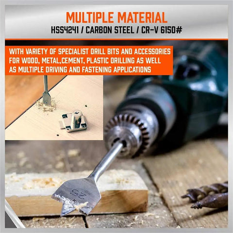 Close-up of drill using the Premium 246 Piece Drill Bit Set for Wood Metal Concrete with Screw Driving Kit on wood surface.