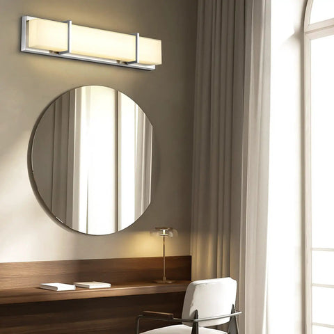 27 Inch LED Vanity Light Fixture Dimmable 28W Glass Modern Bathroom Lighting Over Mirror Wall Mount Silver Finish Warm White 3000K