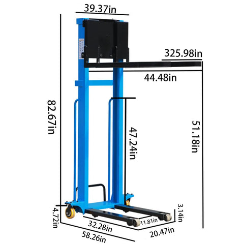 Heavy Duty Electric Portable Forklift Pallet Jack dimensions and features, 82.67in tall, 39.37in wide, designed for smooth heavy cargo handling.