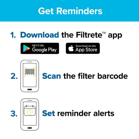 Steps to use Filtrete app for Two Pack 20x20x1 Air Filter Pleated 3 Month Replacement MPR 1200 MERV 11: download, scan barcode, set alerts.