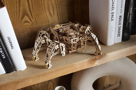 Six Legged Walking Robot Wooden Puzzle Kit For Adults DIY Hexapod Model With Self Propelled Motion Terrain Navigating Crawler Adjustable Speed Dial Realistic Insect Action Hands On Fun Craft Project wooden hexapod on shelf
