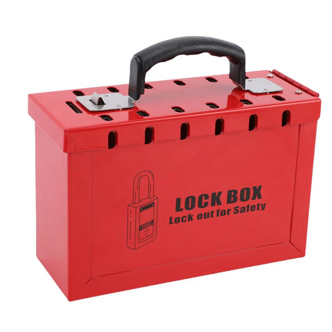 Heavy Duty Portable Group Lockout Box With 12 Piece Padlocks And 24 Keys Built Like A Tank For Industrial Sites Keeping Crew Safe And Gear Locked Down Tight Always with handle and key slots.