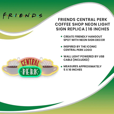 Central Perk Neon Light Wall Sign 16 Inch Replica Coffee Shop LED Hanging Decor with Friends logo and text description