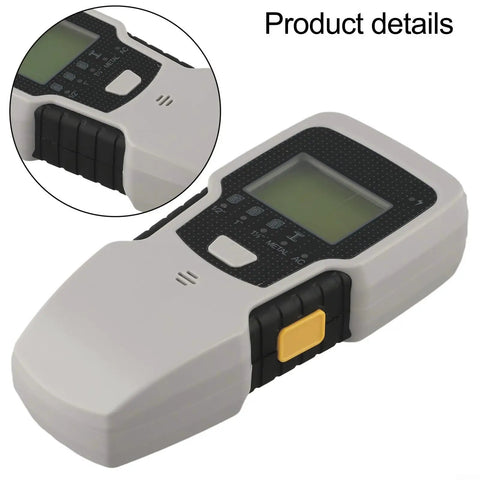 5-in-1 Stud Finder Wall Scanner with LCD Display for Wood Metal Studs AC Wires Pipes Deep Scan up to 3/4 Inch Drywall Silver close-up showing buttons and display.
