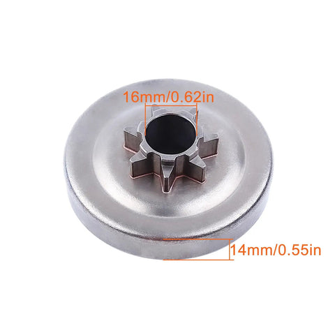Pro Grade.325 Inch 7T Clutch Drum Sprocket for Husqvarna chainsaws, close-up view with dimensions marked on metallic part
