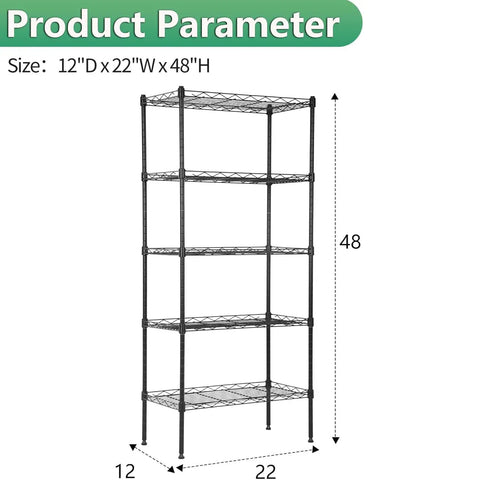 Killer Five Tier Wire Shelving Unit Beefed Up Metal Storage Rack With Adjustable Shelves For Garage And Closet Organization Supports One Hundred Fifty Pounds Per Shelf In Sleek Black, measuring 12"D x 22"W x 48"H.
