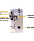 Heavy Duty Automatic Right Angle Labeling Machine Adjustable Semi Auto 90 Degree Corner Applicator With Touch Screen Display. Side view showing adjustment screws and power socket.