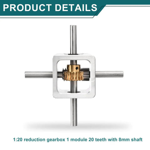 90 Degree Right Angle Worm Gearbox with 1 to 20 Reduction, 1 Module 20 Teeth, 8mm Shaft, Aluminum Frame